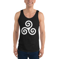 White Triskelion design on men's tank top, front view