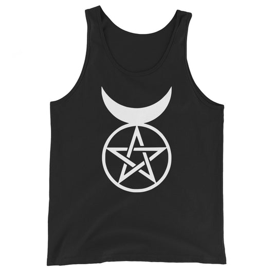 Horned God design on men's tank top, front view