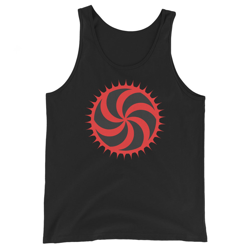 Red Deadly Swirl design on men's tank top, front view