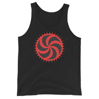 Red Deadly Swirl design on men's tank top, front view