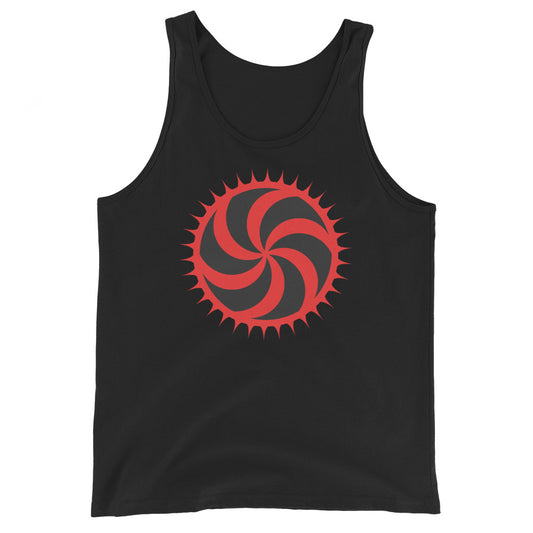 Red Deadly Swirl design on men's tank top, front view