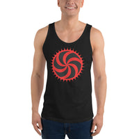 Red Deadly Swirl design on men's tank top, front view