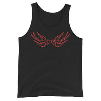 Red Falling Sparrows design on men's tank top, front view