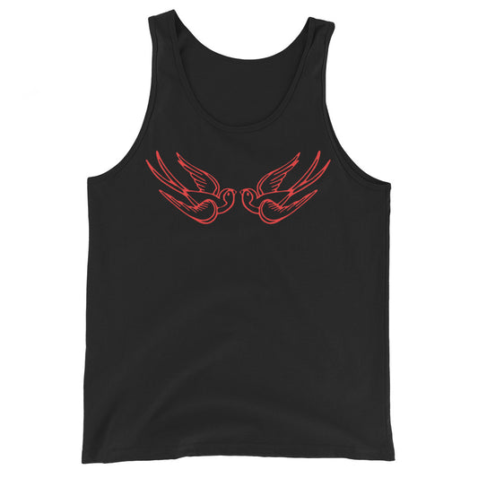 Red Falling Sparrows design on men's tank top, front view