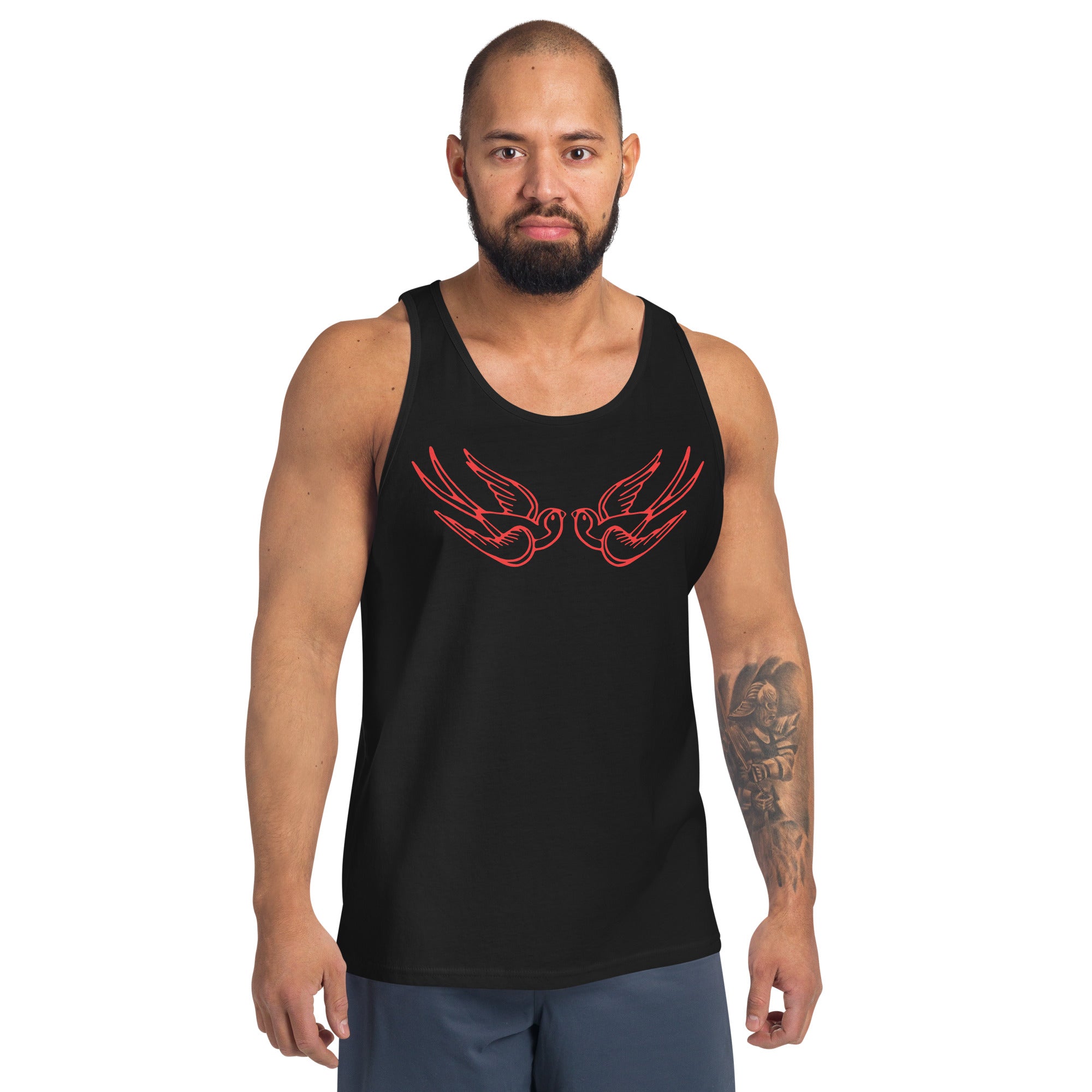 Red Falling Sparrows Tattoo Style Bird Men's Tank Top Shirt