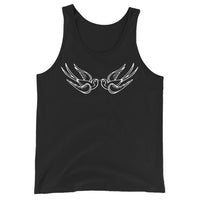 White Falling Sparrows design on men's tank top, front view