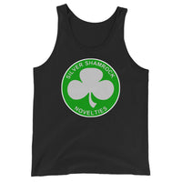 Silver Shamrock Novelties design on men's tank top, front view