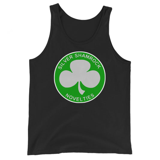 Silver Shamrock Novelties design on men's tank top, front view