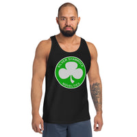 Silver Shamrock Novelties design on men's tank top, front view