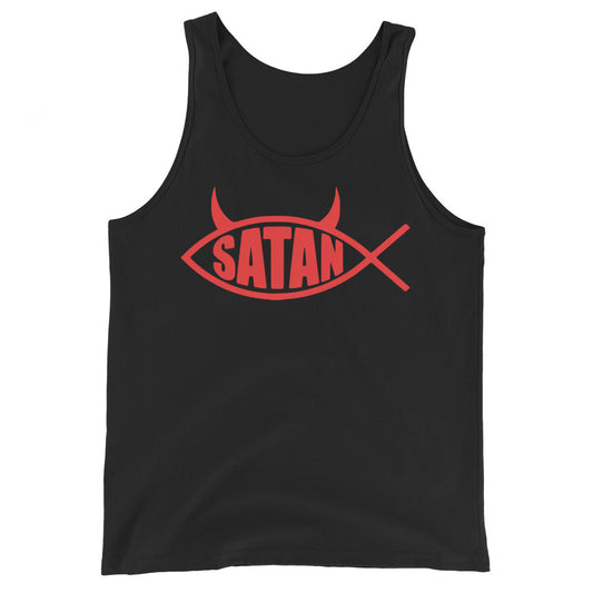 Red Satan Fish design on men's tank top, front view