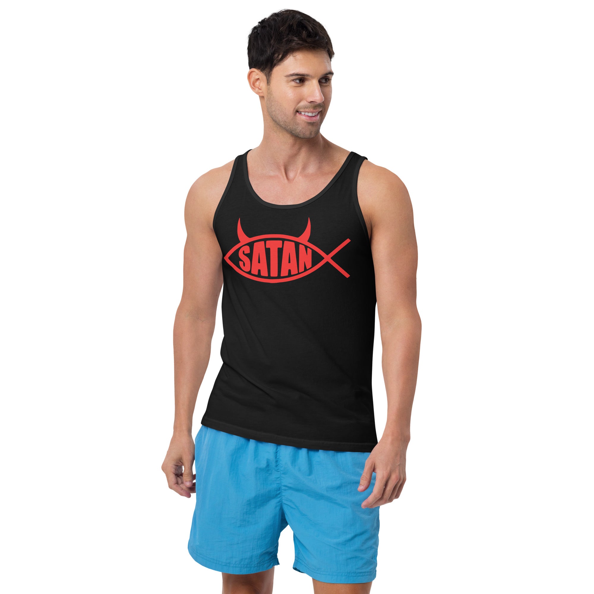 Red Ichthys Satan Fish with Horns Religious Satire Men's Tank Top Shirt