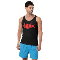 Red Satan Fish design on men's tank top, front view