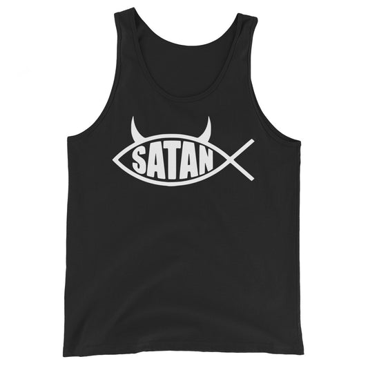 White Satan Fish design on men's tank top, front view