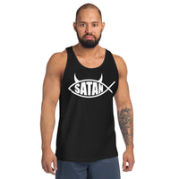 White Satan Fish design on men's tank top, front view