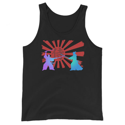 Samurai Duel Rising Sun design on men's tank top, front view