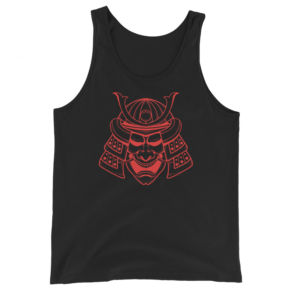 Red Samurai Kabuto Mask design on men's tank top, front view