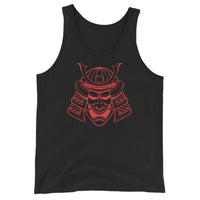 Red Samurai Kabuto Mask design on men's tank top, front view