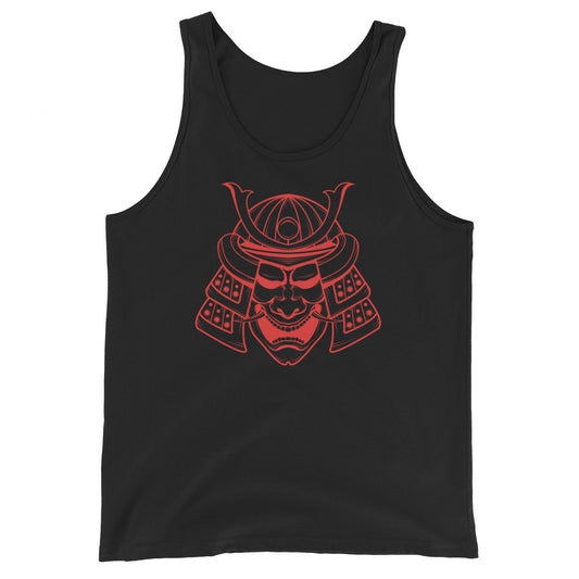Red Samurai Kabuto Mask design on men's tank top, front view
