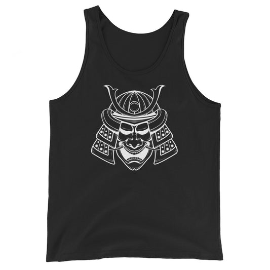White Samurai Kabuto Mask design on men's tank top, front view