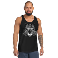White Samurai Kabuto Mask design on men's tank top, front view