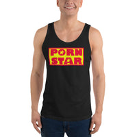 Yellow Red Porn Star Logo design on men's tank top, front view