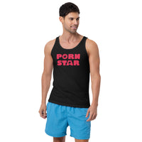 Red Porn Star Logo design on men's tank top, front view