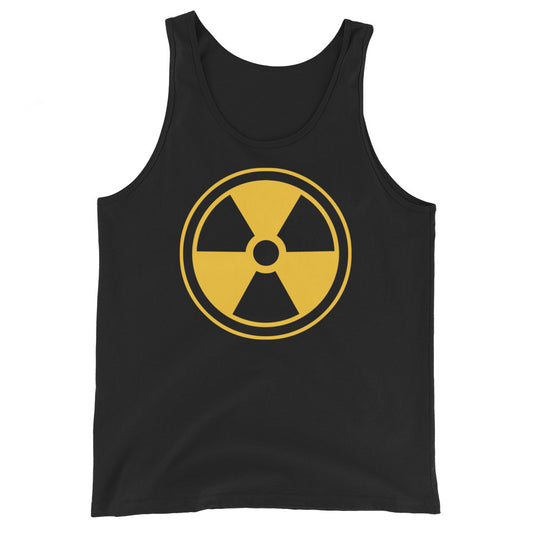 Radiation Warning Symbol design on men's tank top, front view
