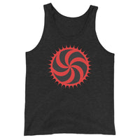 Red Deadly Swirl design on men's tank top, front view