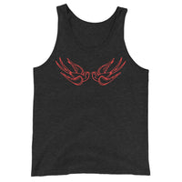 Red Falling Sparrows design on men's tank top, front view