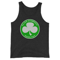 Silver Shamrock Novelties design on men's tank top, front view