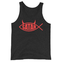 Red Satan Fish design on men's tank top, front view