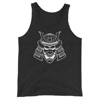 White Samurai Kabuto Mask design on men's tank top, front view