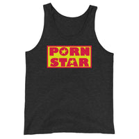 Yellow Red Porn Star Logo design on men's tank top, front view