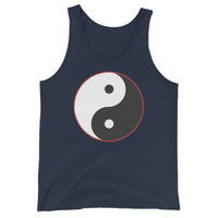 Yin Yang Symbol design on men's tank top, front view