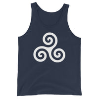 White Triskelion design on men's tank top, front view