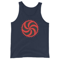 Red Deadly Swirl design on men's tank top, front view