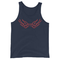 Red Falling Sparrows design on men's tank top, front view