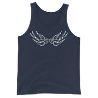 White Falling Sparrows design on men's tank top, front view