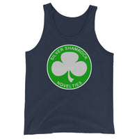 Silver Shamrock Novelties design on men's tank top, front view