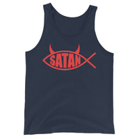 Red Satan Fish design on men's tank top, front view