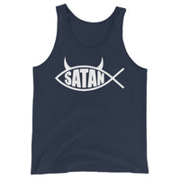 White Satan Fish design on men's tank top, front view