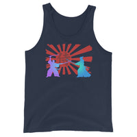 Samurai Duel Rising Sun design on men's tank top, front view