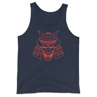 Red Samurai Kabuto Mask design on men's tank top, front view