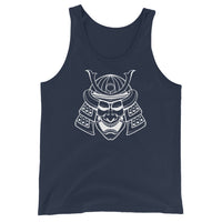 White Samurai Kabuto Mask design on men's tank top, front view