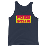 Yellow Red Porn Star Logo design on men's tank top, front view