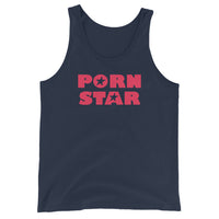 Red Porn Star Logo design on men's tank top, front view