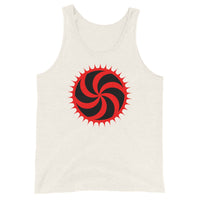 Red Deadly Swirl design on men's tank top, front view