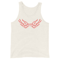 Red Falling Sparrows design on men's tank top, front view