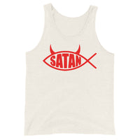 Red Satan Fish design on men's tank top, front view