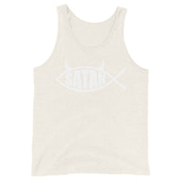 White Satan Fish design on men's tank top, front view